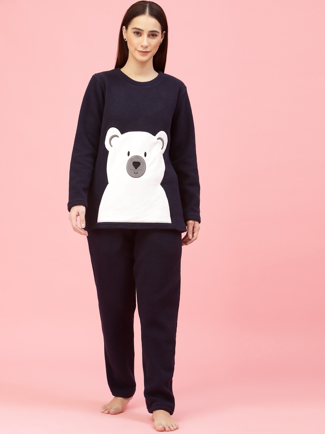 

Sweet Dreams Women Super Soft Polar Fleece Applique Winter Night Suit, Navy blue