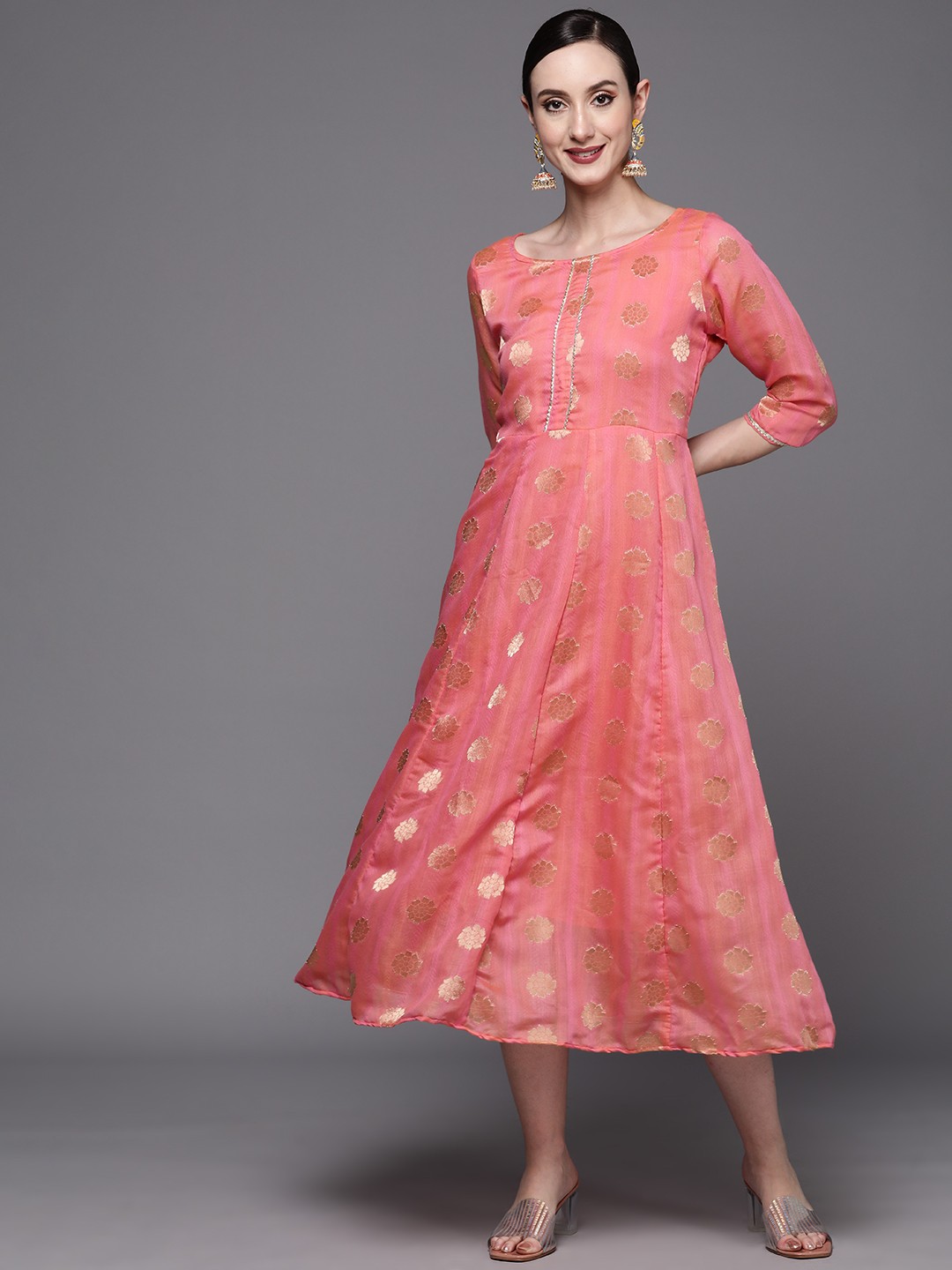 

Ahalyaa Women Self Design Chanderi Empire Midi Ethnic Kurta, Coral