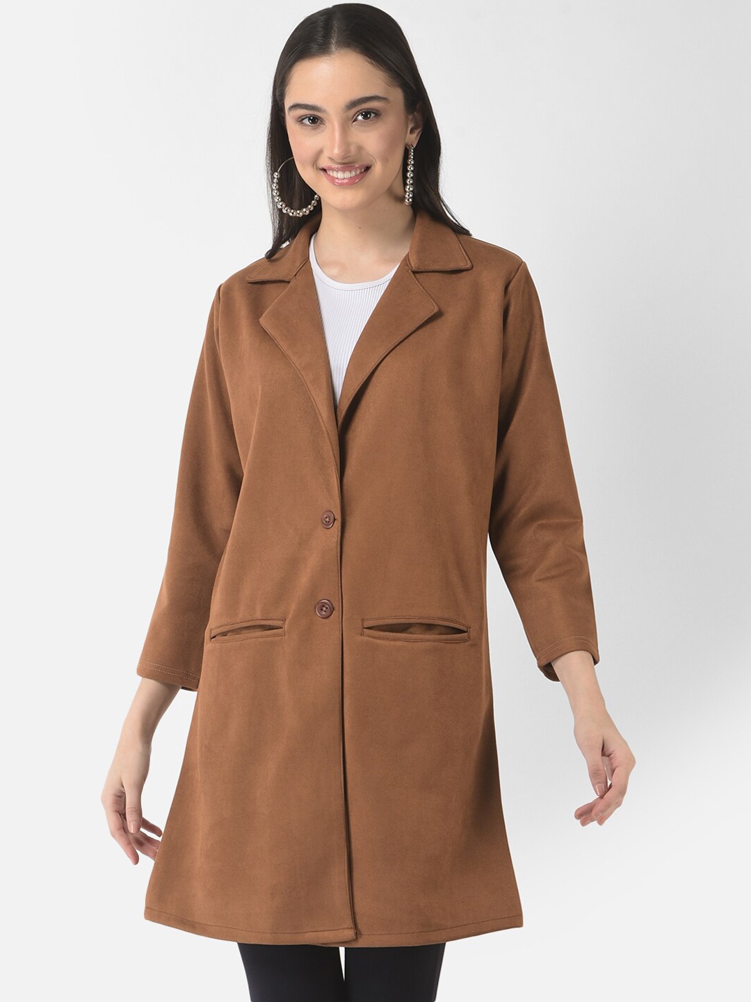 

FNOCKS Women Beige Fleece Longline Overcoat