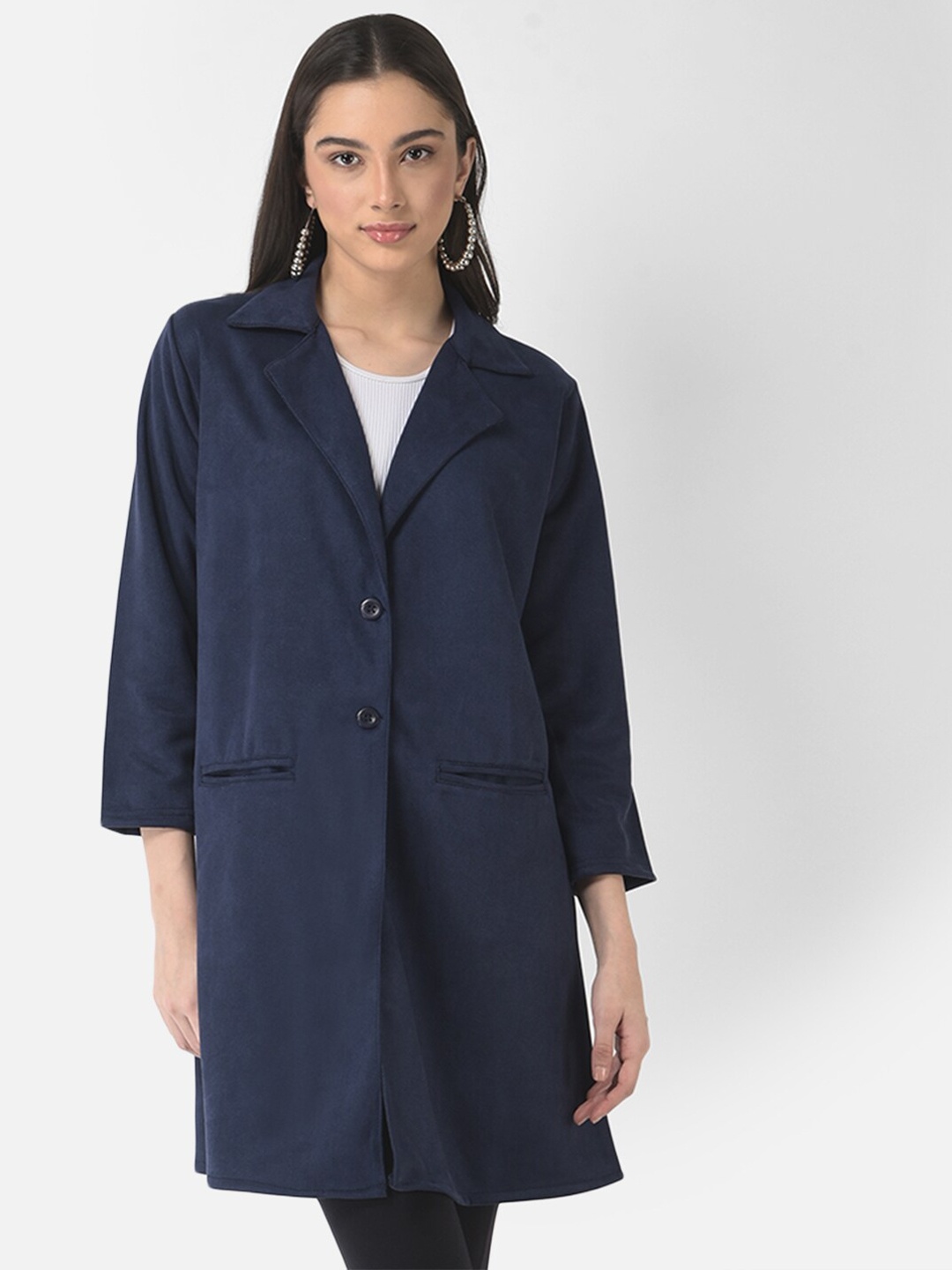 

FNOCKS Women Navy Blue Solid Fleece Longline Overcoat