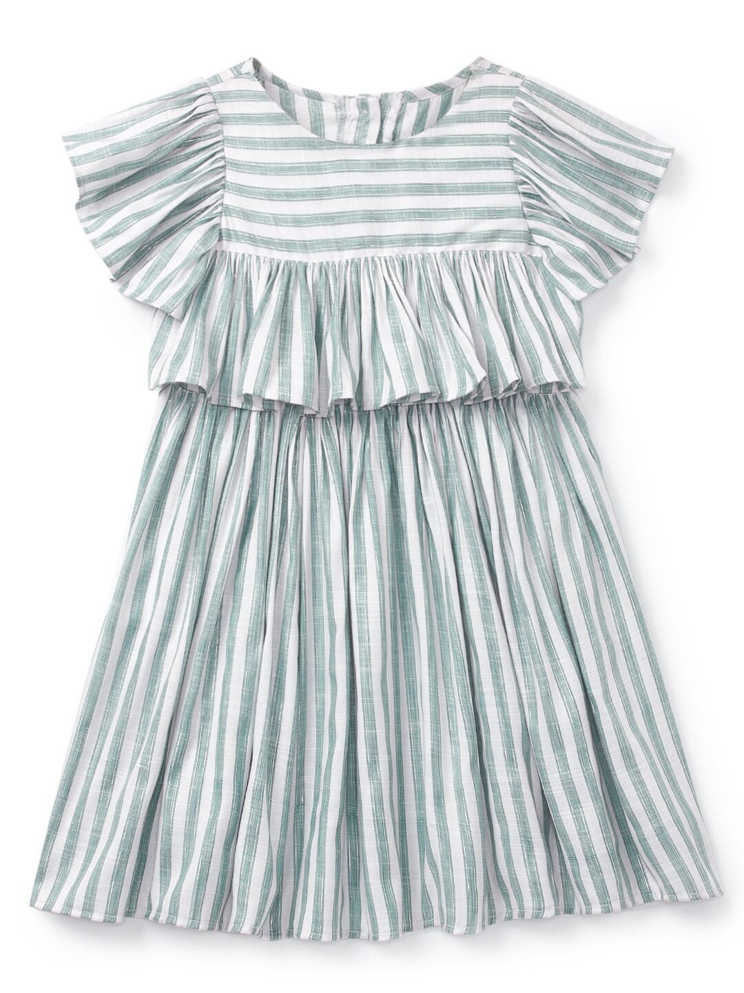 

K&U Girls Green Striped Pure Cotton A-Line Dress