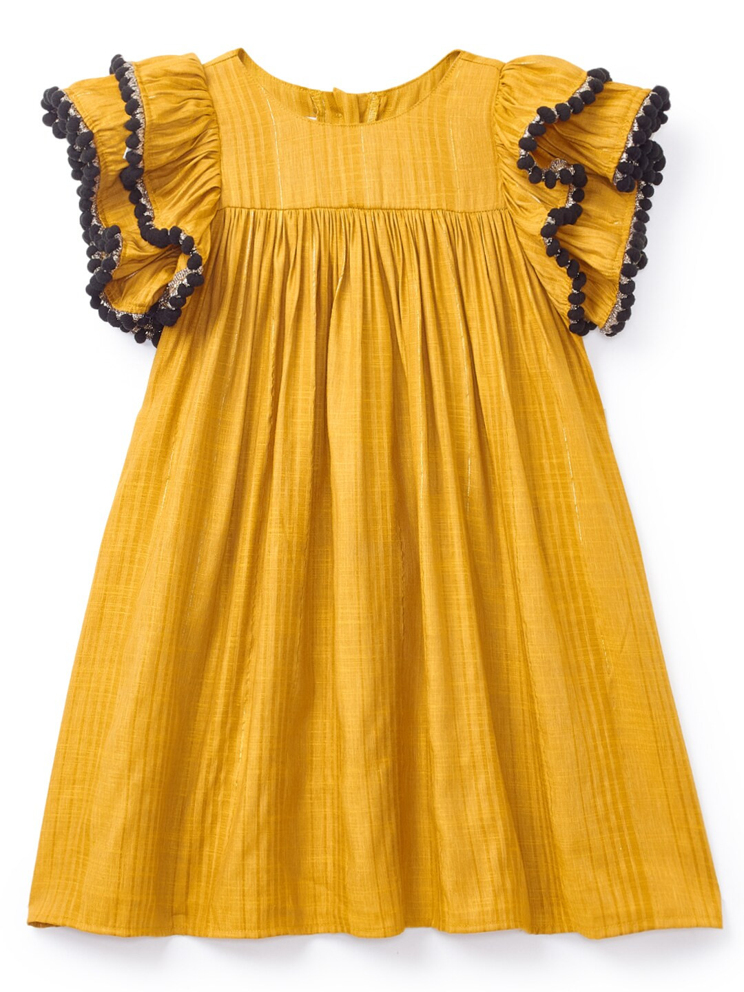 

K&U Girls Mustard Yellow Striped Pure Cotton Empire Dress