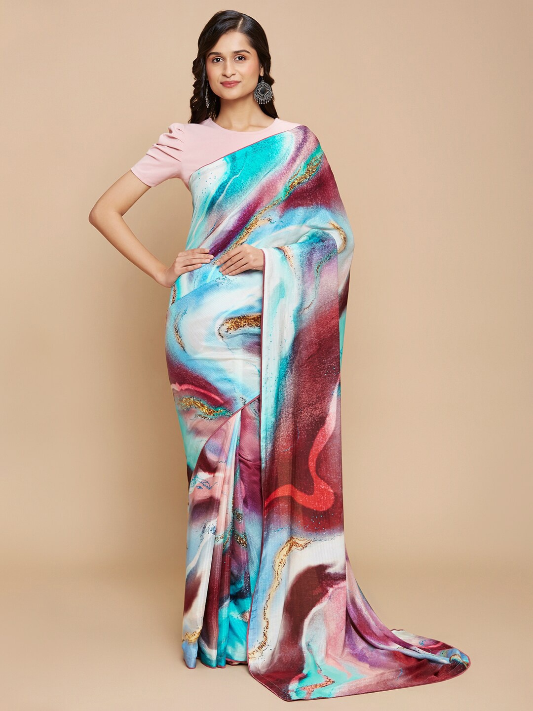 

navyasa Blue & Pink Abstract Printed Saree