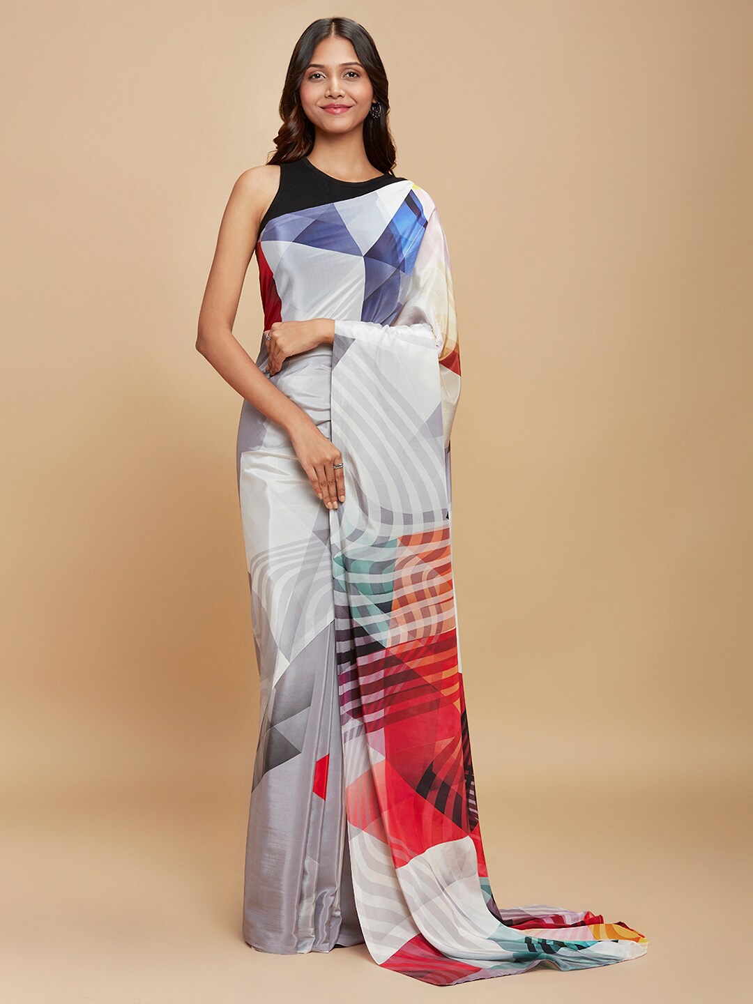 

navyasa Grey & Red Abstract Printed Saree