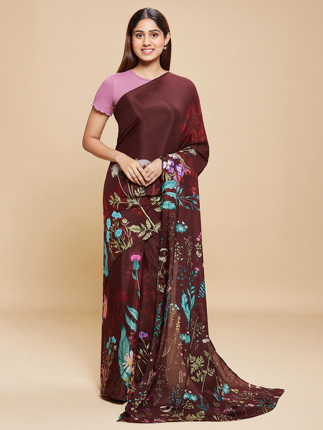

navyasa Brown & Blue Floral Liva Sheen Saree
