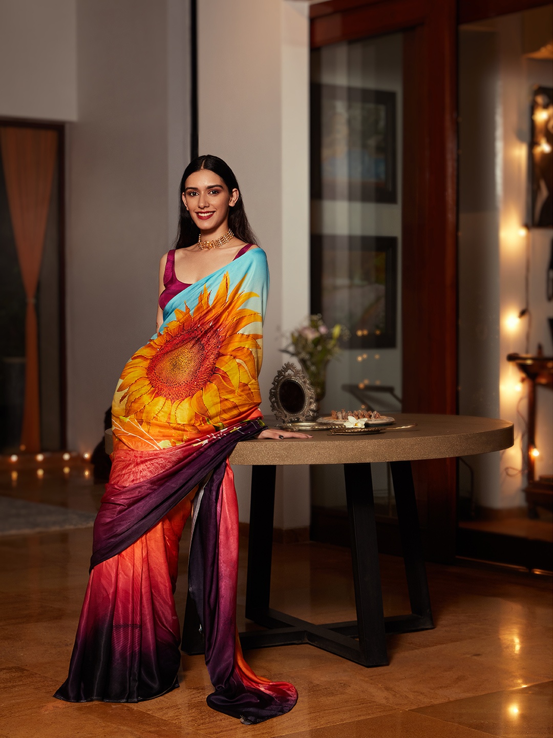 

navyasa Orange & Purple Floral Printed Saree