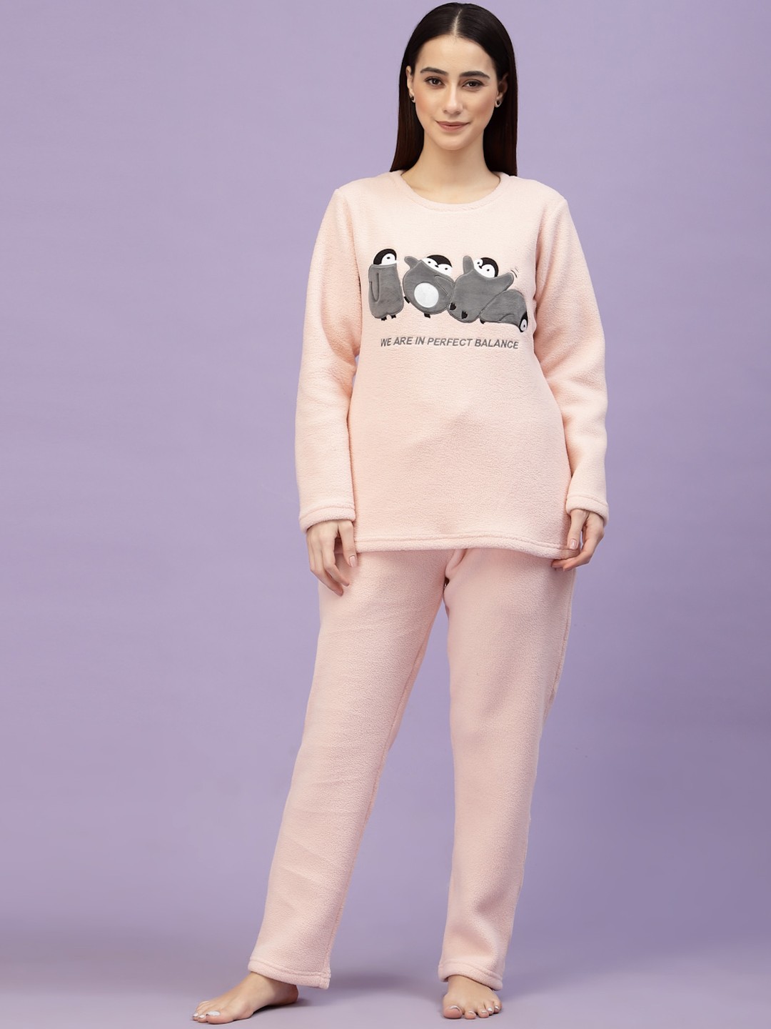 

Sweet Dreams Women Peach-Coloured & Grey Printed Polar Fleece Winter Night suit