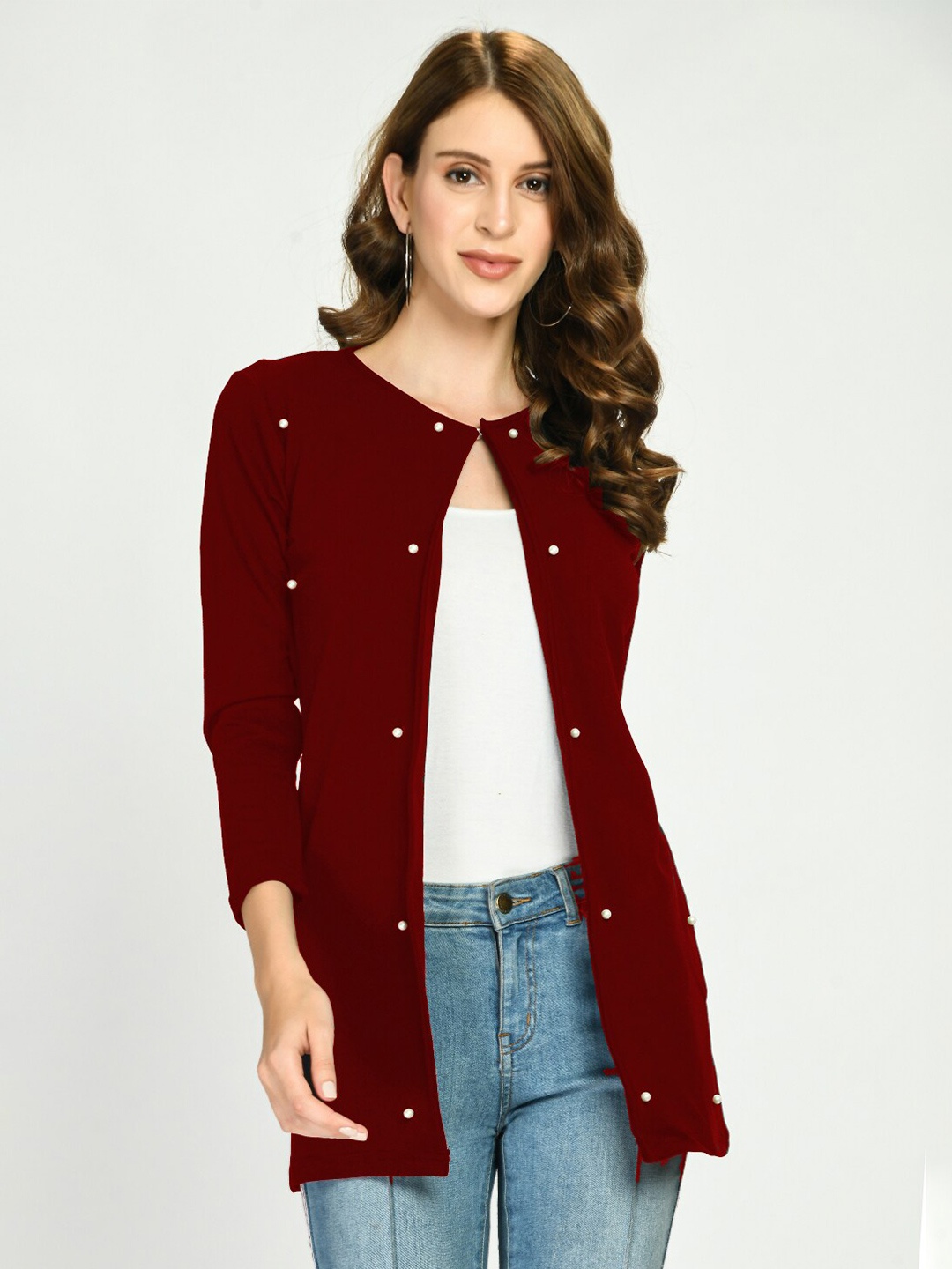 

IUGA Women Maroon Embellished Shrug