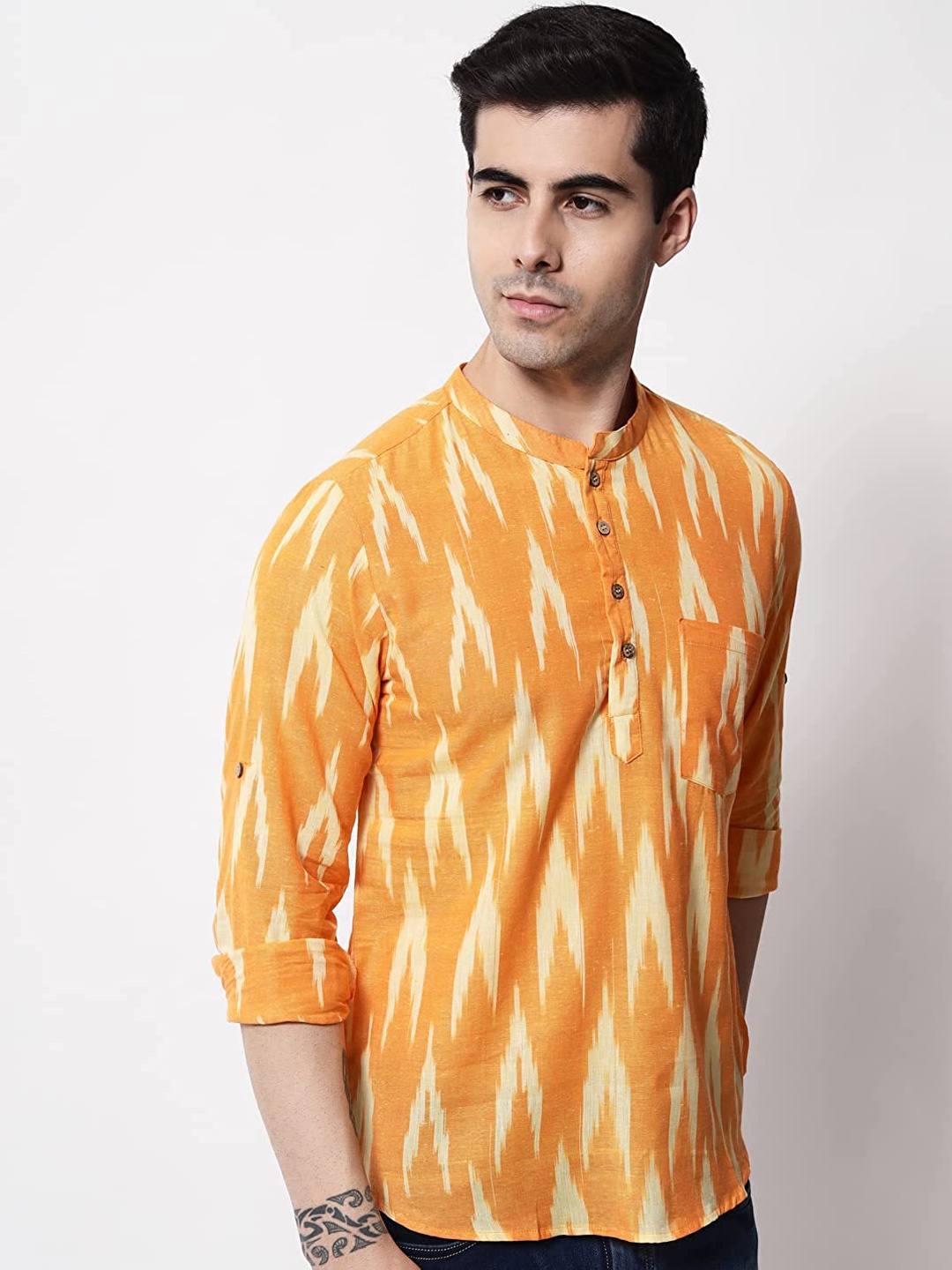 

Vastraa Fusion Ikat Printed Band Collar Pure Cotton Kurta, Orange
