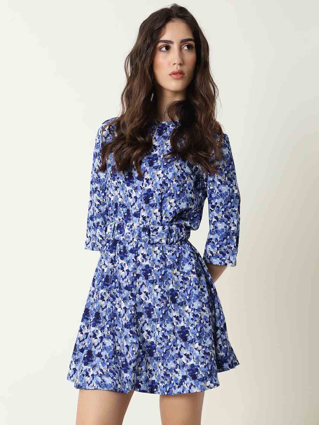 

RAREISM Women Blue Keyhole Neck Cotton Mini Dress