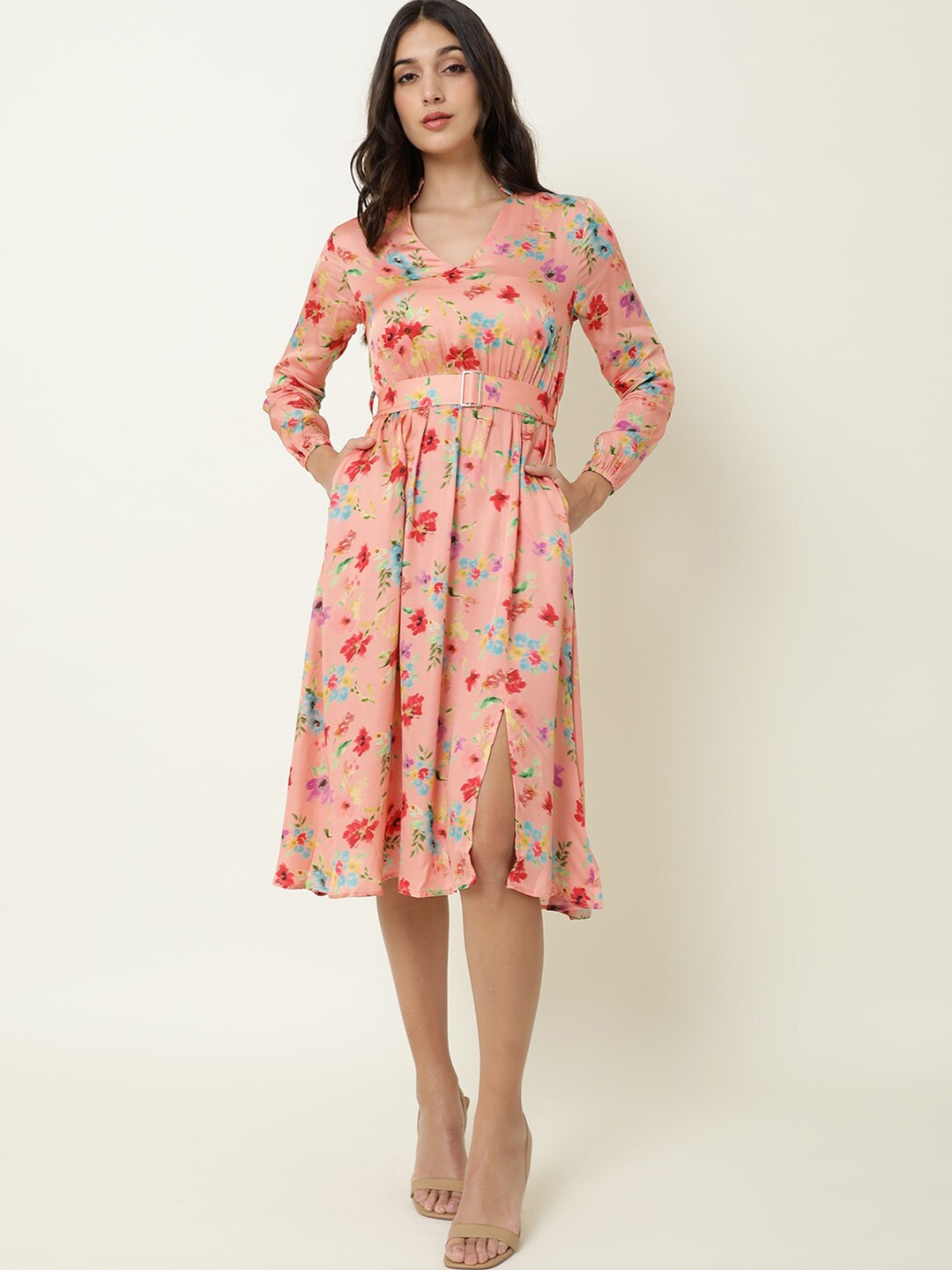 

RAREISM Women Peach-Coloured & Blue Floral Printed Dress