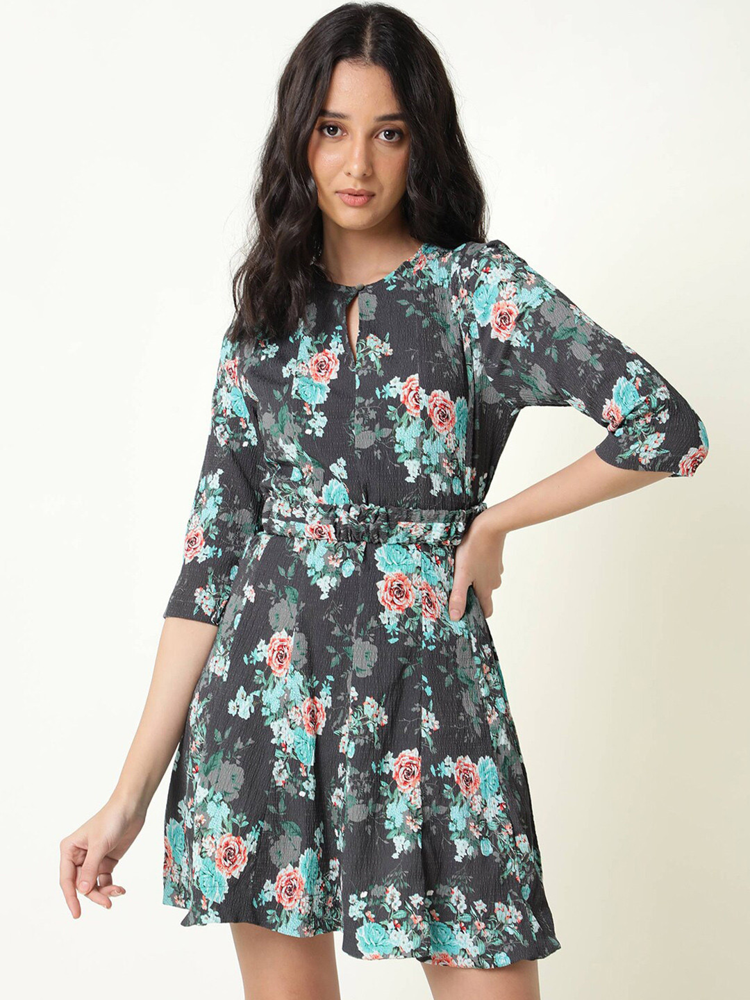 

RAREISM Women Grey & Blue Floral Keyhole Neck Cotton Dress