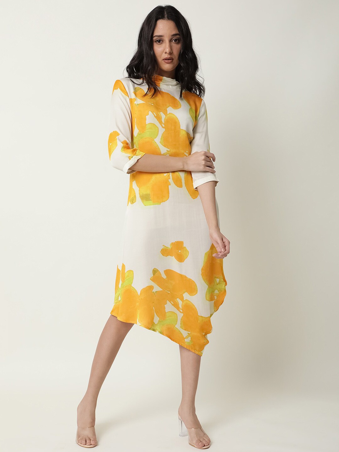 

RAREISM Women Yellow & Cream-Coloured A-Line Midi Dress
