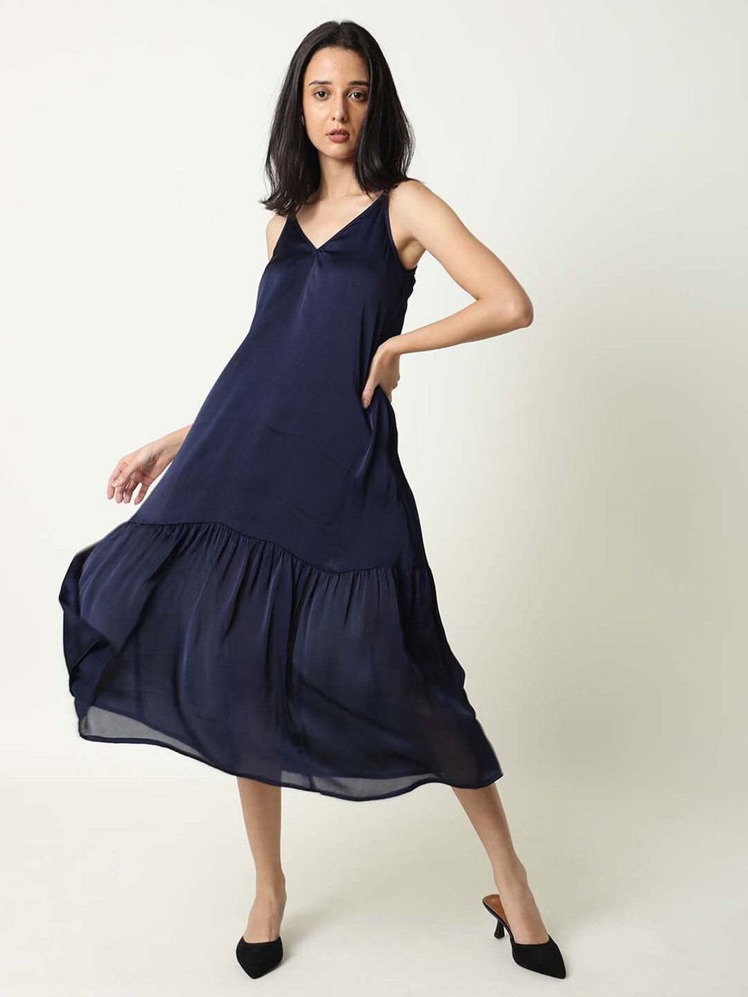 

RAREISM Women Navy Blue Drop-Waist Midi Dress