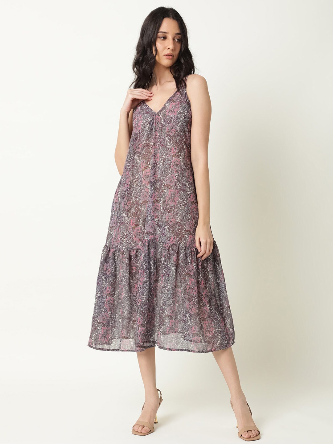 

RAREISM Women Pink Floral A-Line Midi Dress