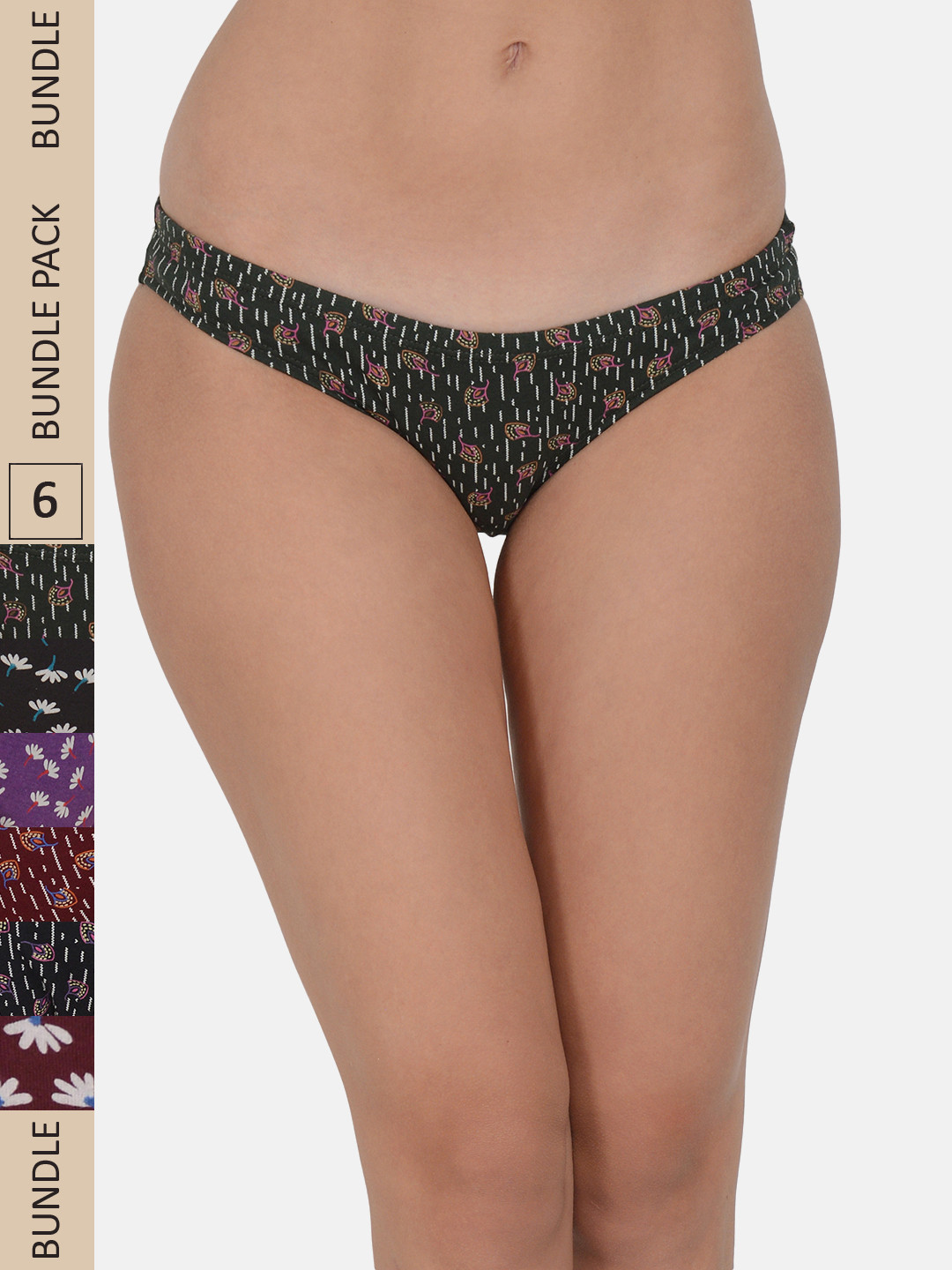 

Leading Lady Women Pack of 6 Printed Pure Cotton Bikini Briefs, Black