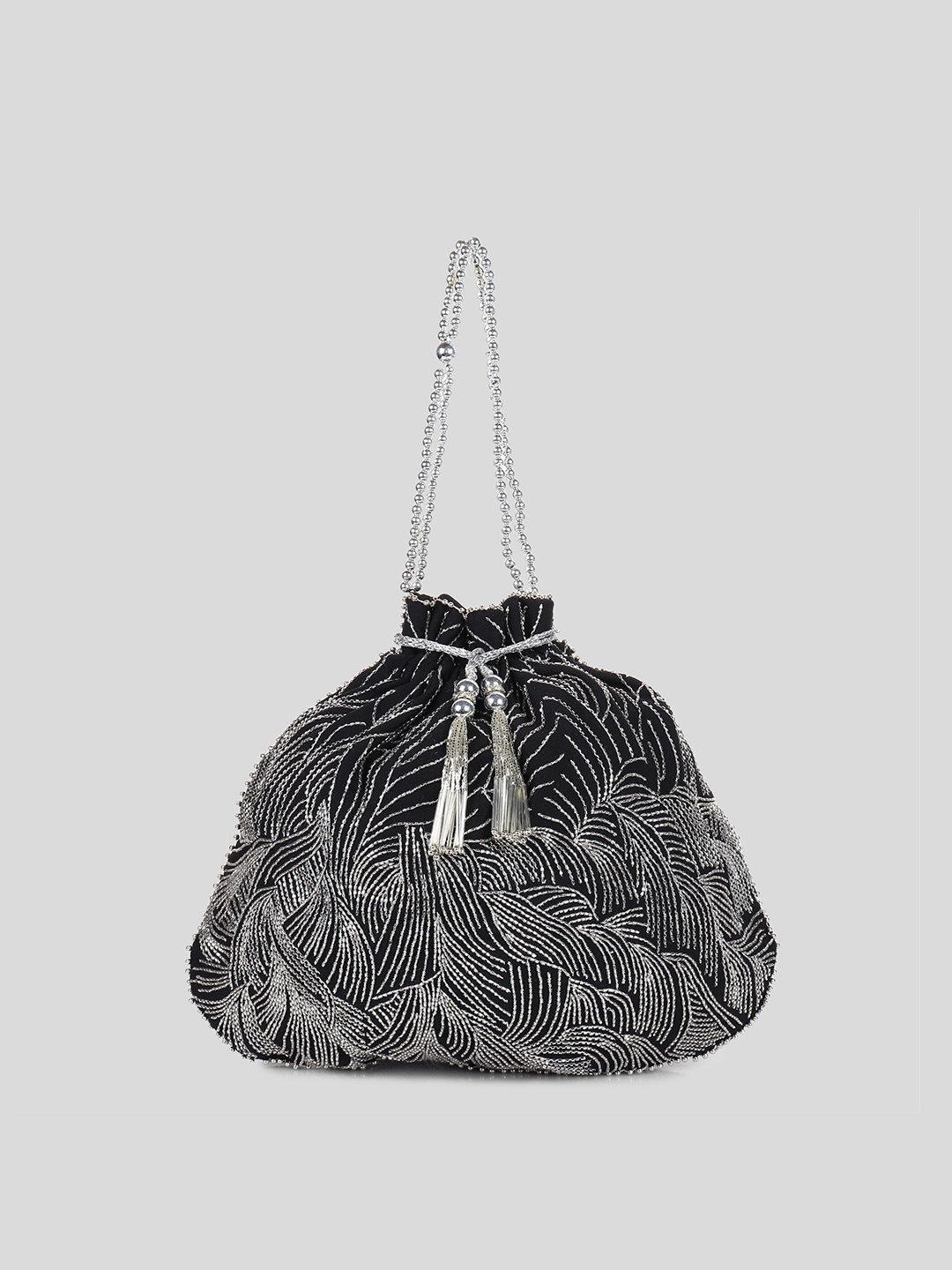 

MODARTA Women Black & White Embroidered Embellished Potli Clutch