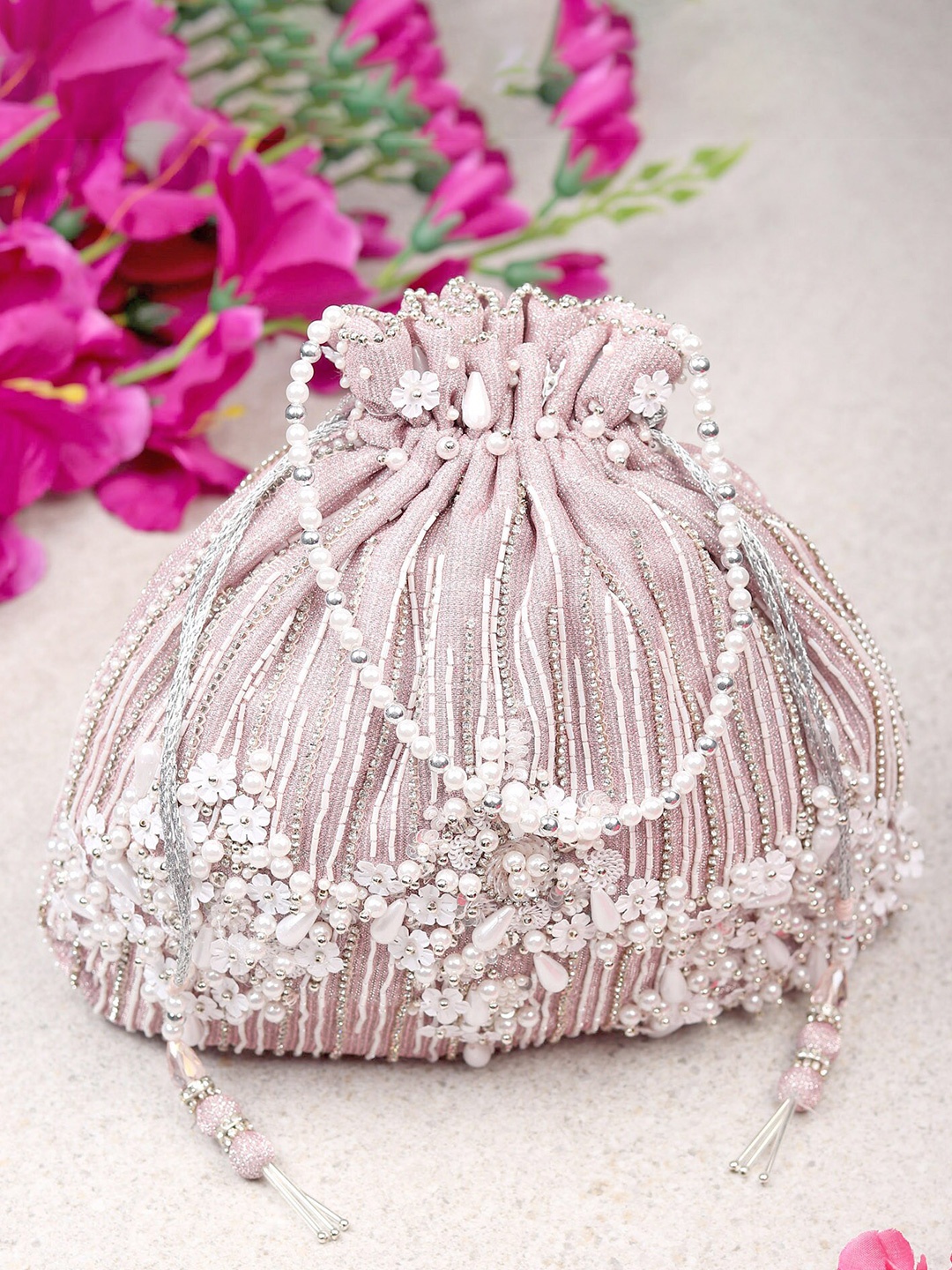 

MODARTA Pink & White Embroidered Embellished Potli Clutch