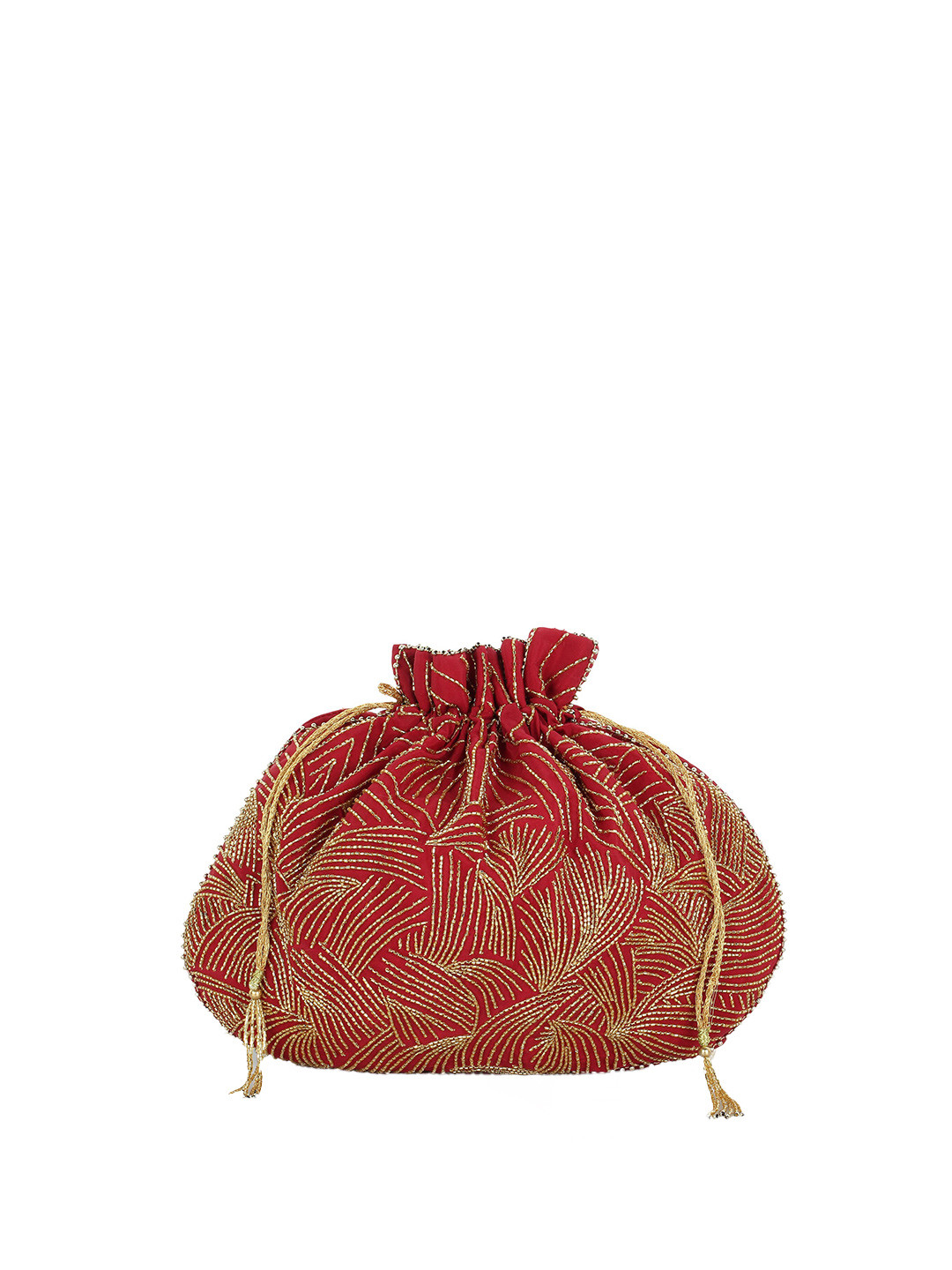 

MODARTA Women Red & Gold-Toned Embroidered Embellished Potli Clutch