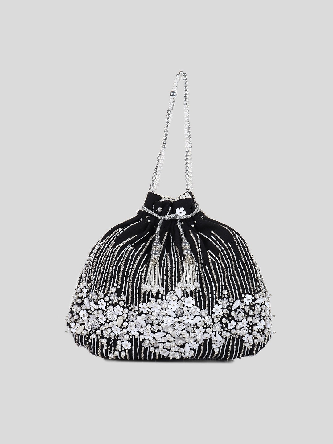 

MODARTA Women Black & White Embroidered Embellished Potli Clutch