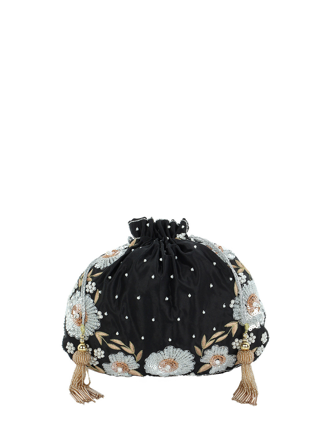 

MODARTA Black Embroidered Embellished Potli Clutch