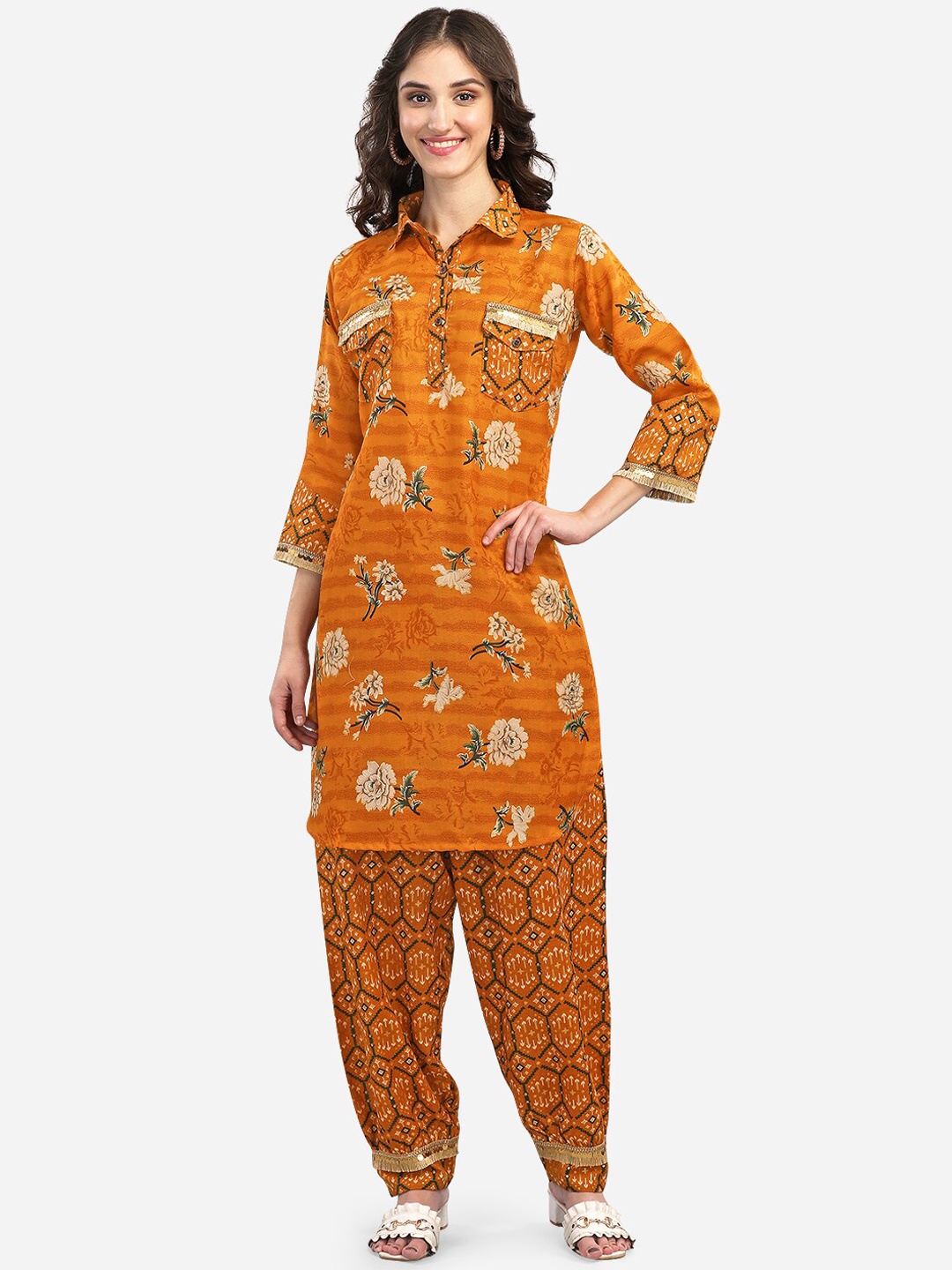 

GUFRINA Women Orange Floral Printed Kurta with Trouser