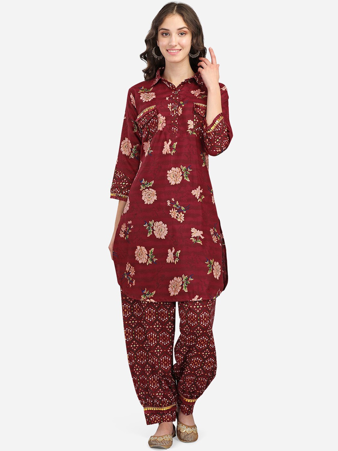 

GUFRINA Women Maroon Floral Printed Kurti with Salwar