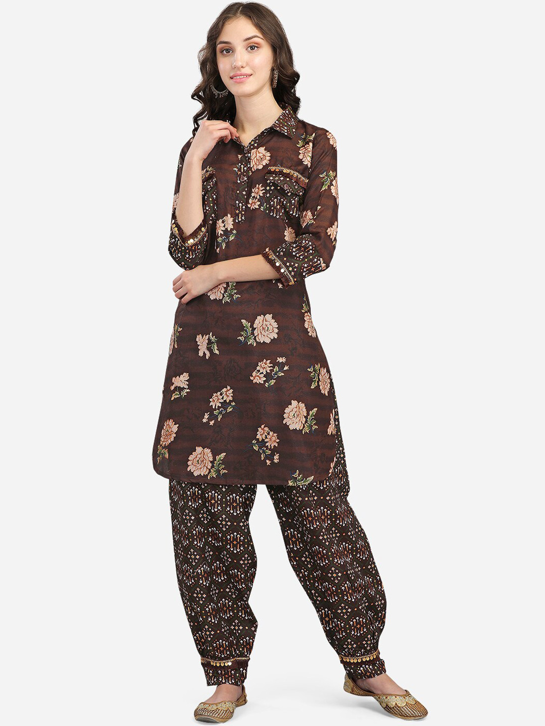 

GUFRINA Women Brown Floral Printed Kurti with Salwar
