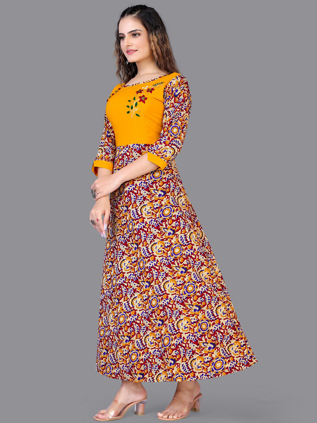 

Fashion FRICKS Mustard Yellow & Red Floral Maxi Dress