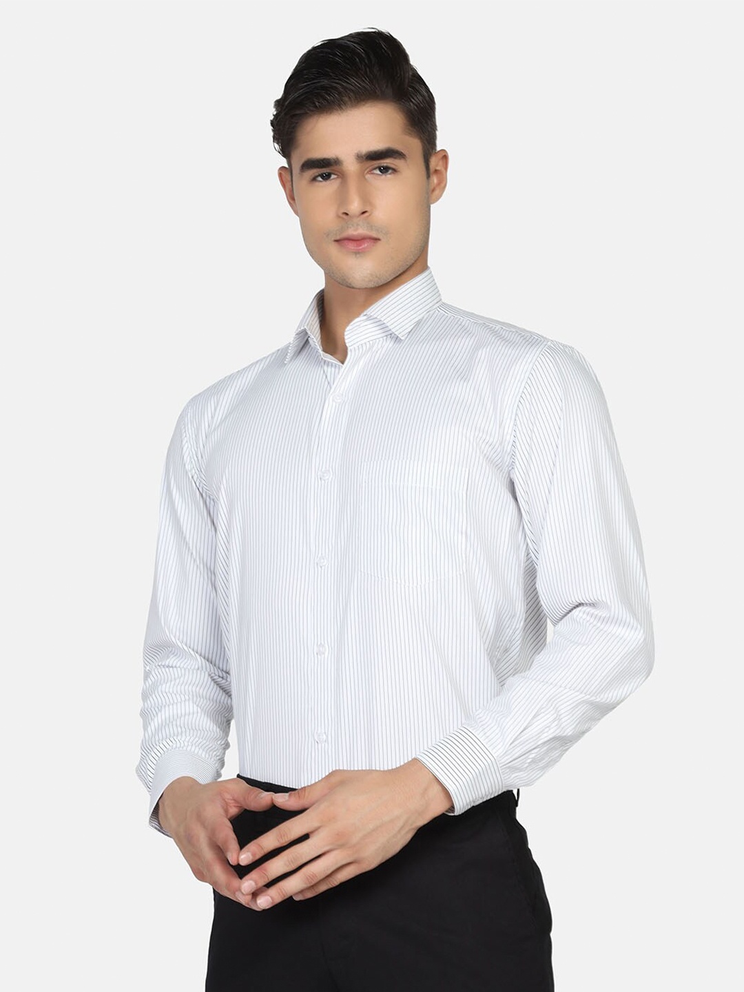 

TAHVO Men Comfort Slim Fit Striped Cotton Formal Shirt, White