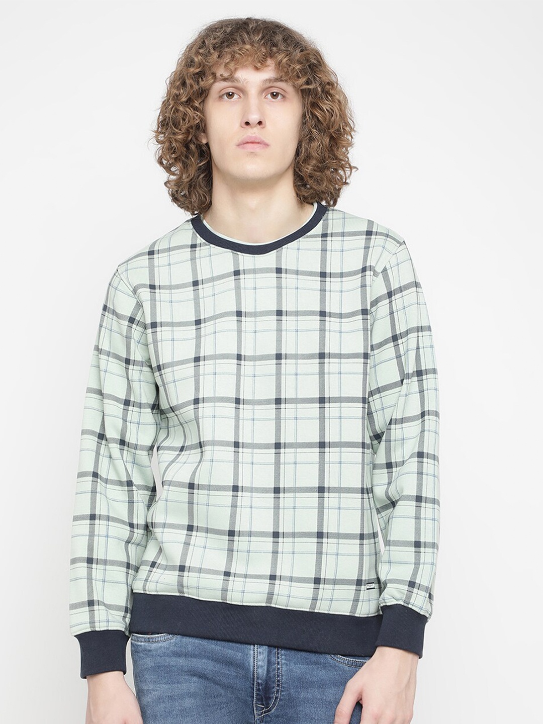 

Octave Men Olive Green Checked Fleece Sweatshirt