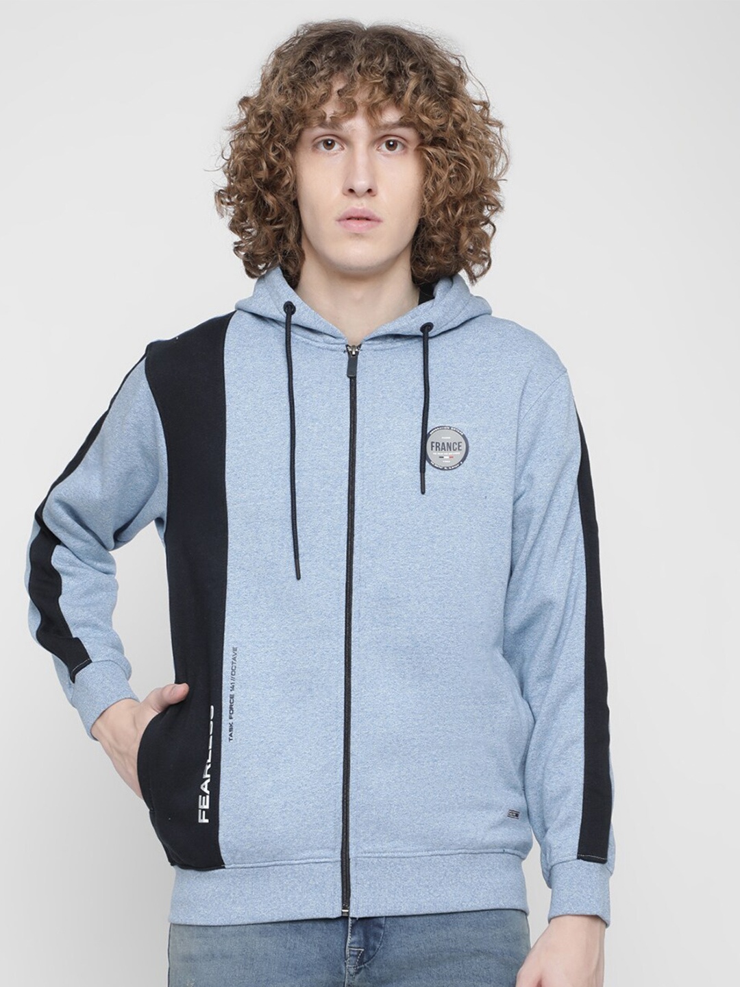 

Octave Men Blue Colourblocked Fleece Hooded Sweatshirt