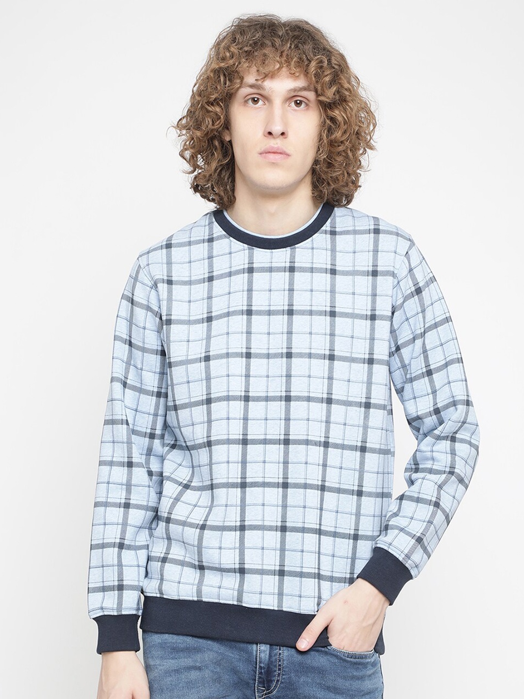 

Octave Men Plus Size Blue Checked Fleece Sweatshirt