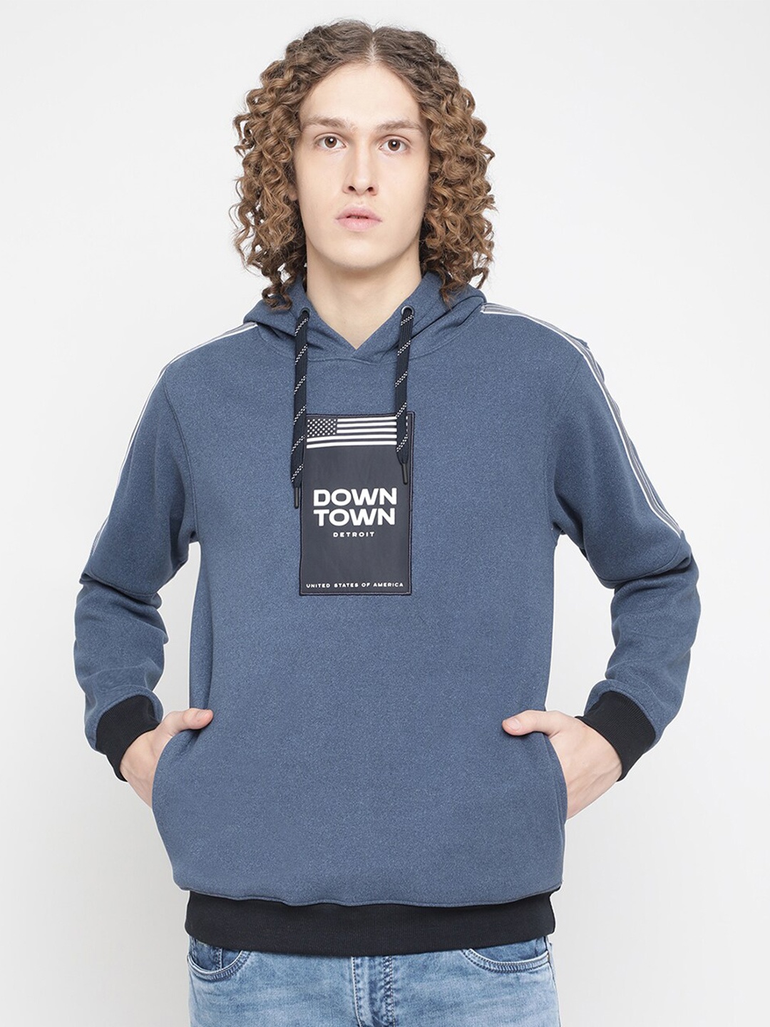 

Octave Men Blue Printed Hooded Fleece Sweatshirt