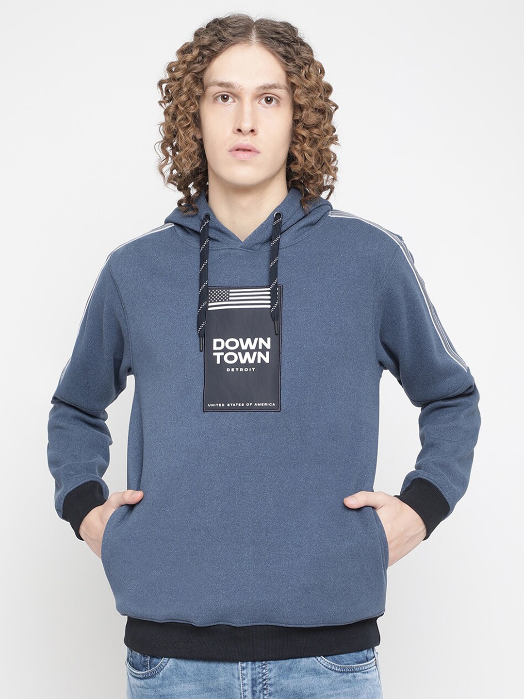 

Octave Men Blue Printed Hooded Fleece Sweatshirt