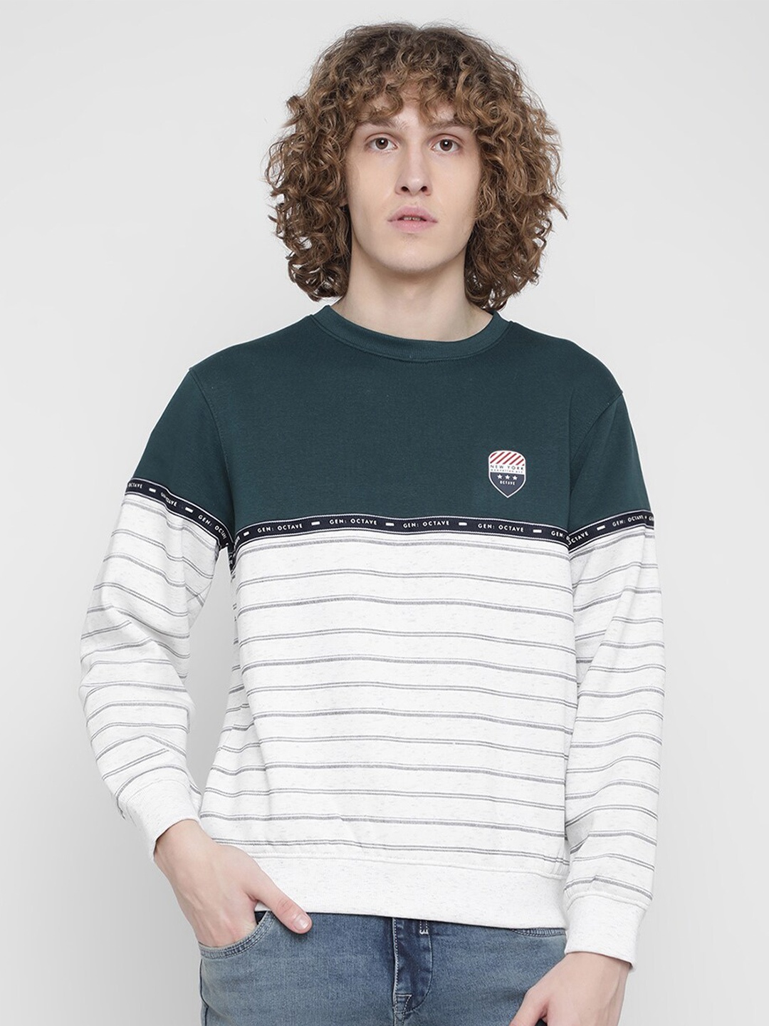 

Octave Men Green Fleece Striped Sweatshirt