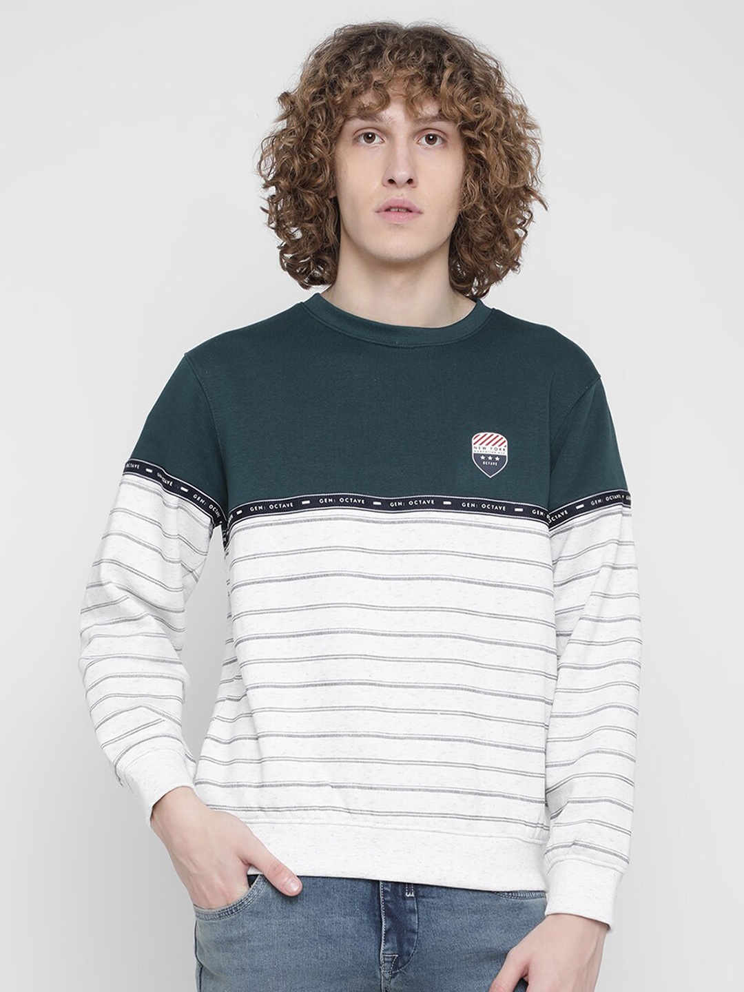

Octave Men Plus Size Green Fleece Striped Sweatshirt