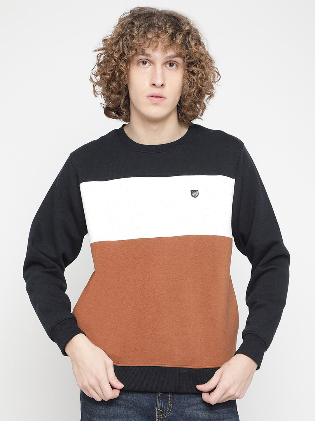 

Octave Men Plus Size Tan Fleece Colourblocked Sweatshirt