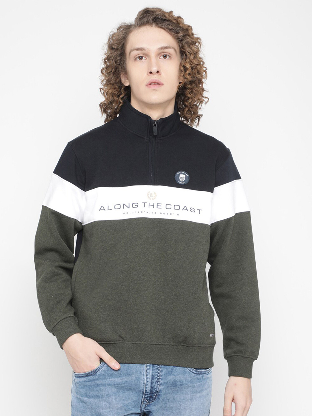 

Octave Men Olive Green Colourblocked Fleece Sweatshirt
