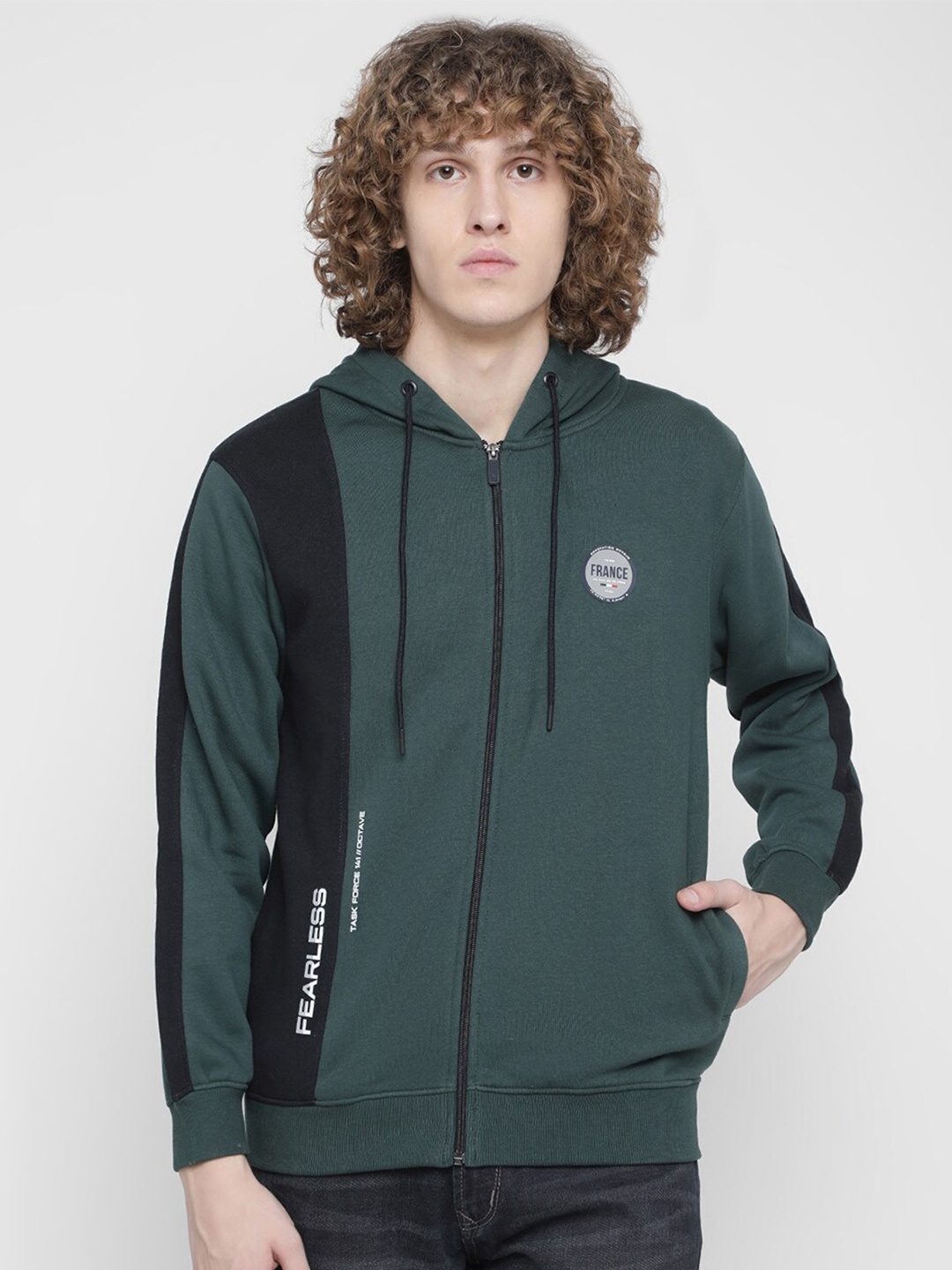 

Octave Men Plus Size Green Fleece Colourblocked Hooded Sweatshirt