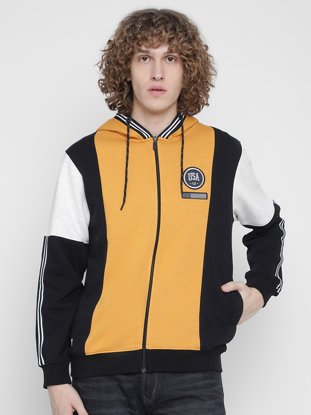 

Octave Men Plus Size Yellow Fleece Colourblocked Hooded Sweatshirt