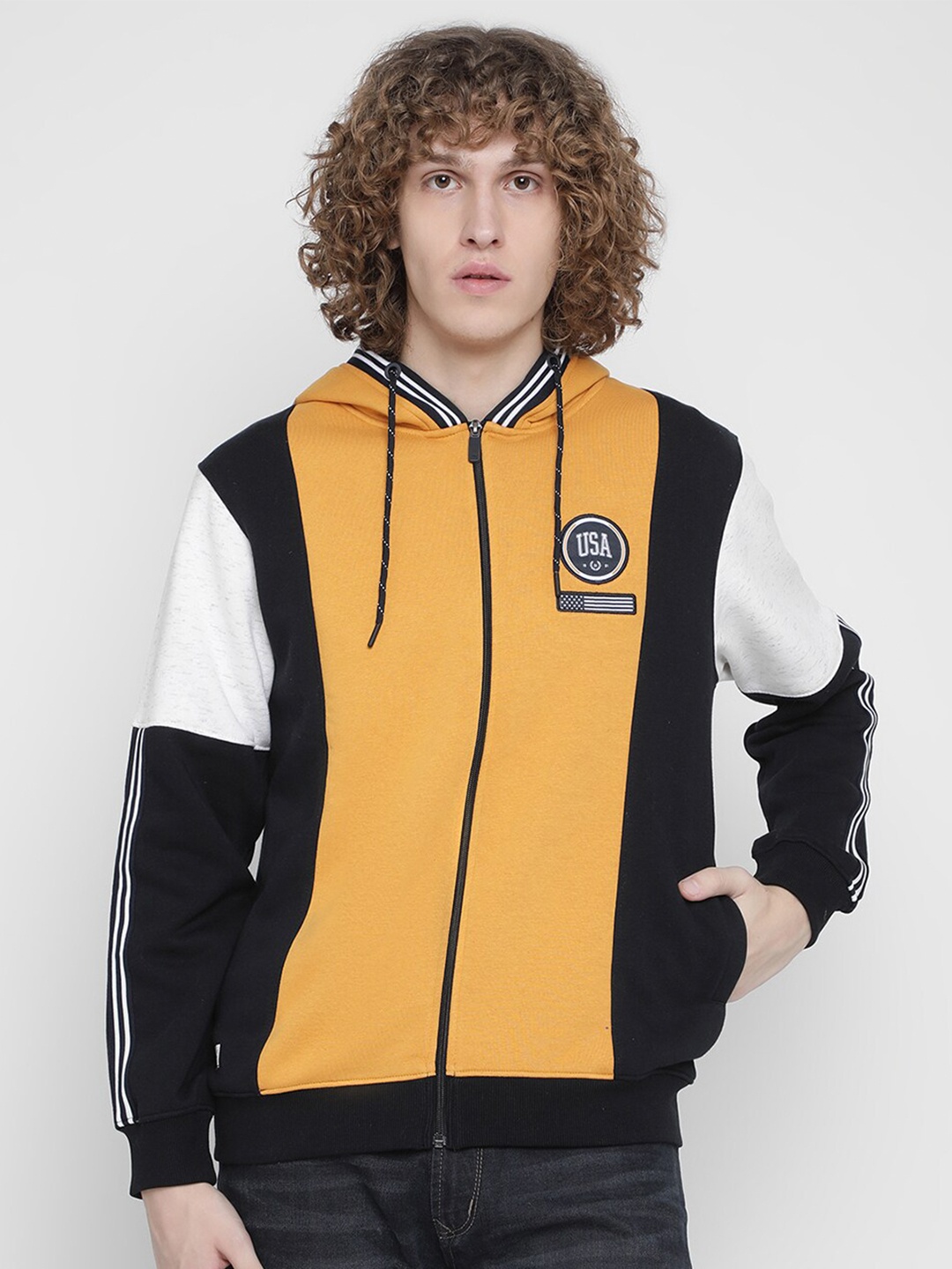 

Octave Men Yellow Fleece Colourblocked Hooded Sweatshirt