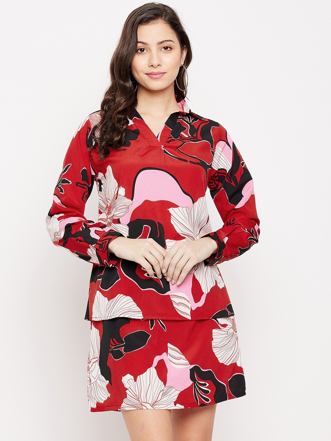 

Fashfun Women Red Floral Printed Polyester Co-Ords