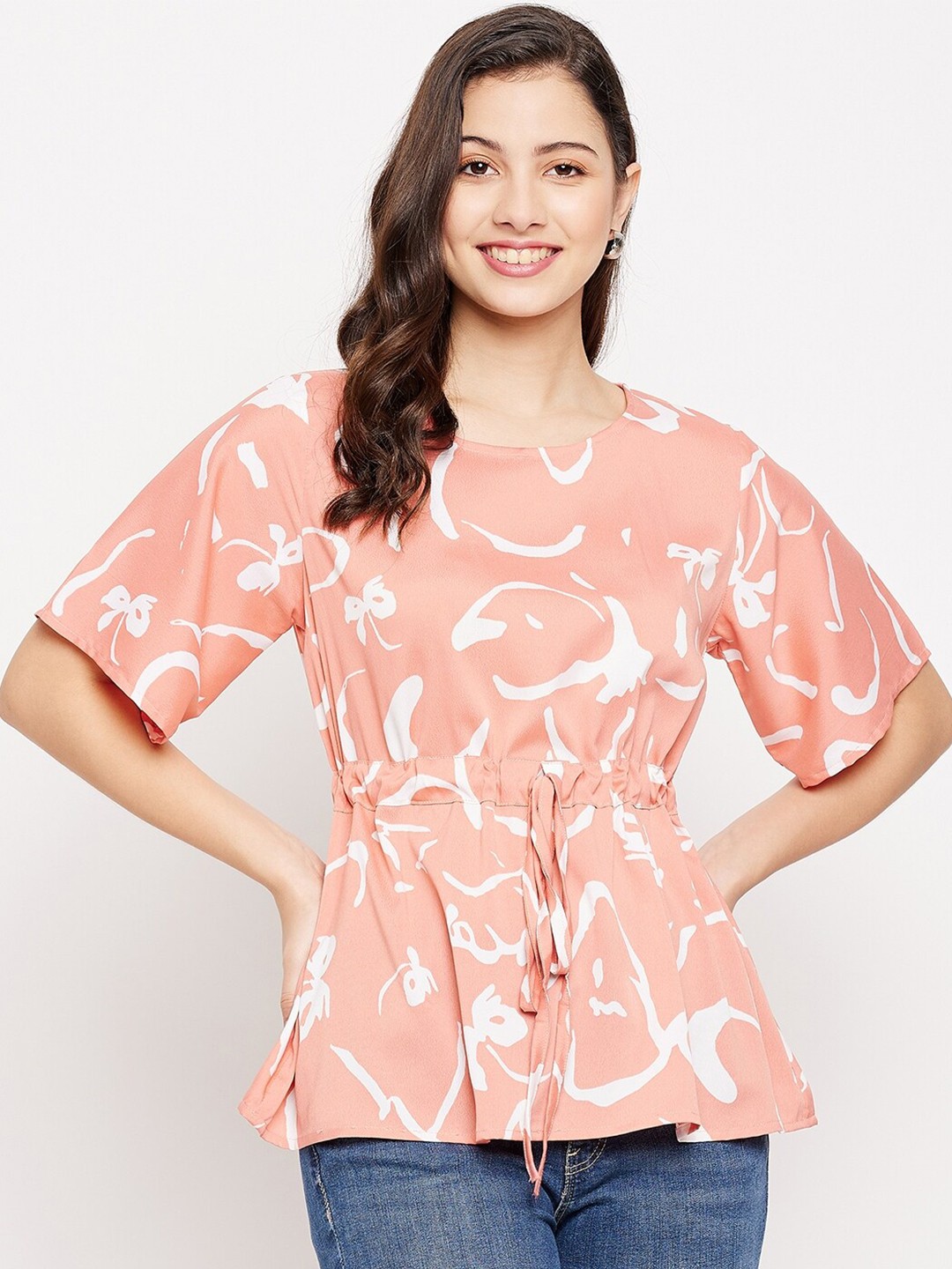 

Fashfun Pink Print Crepe Cinched Waist Top