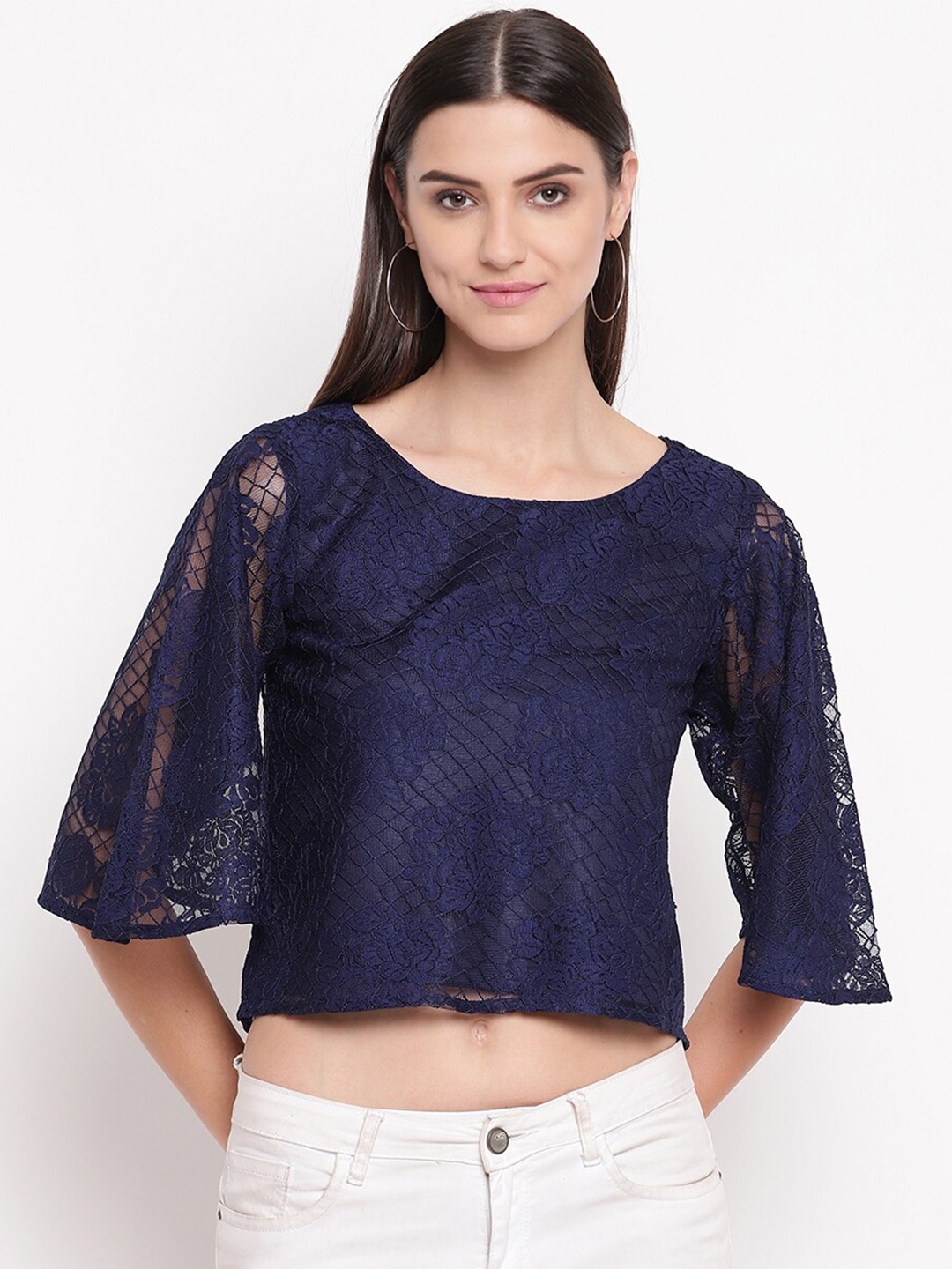 

AKIMIA Women Navy Blue Net Crop Top
