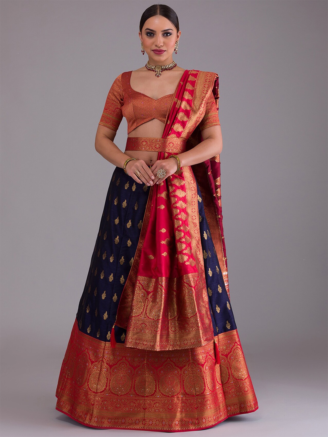 

Koskii Navy Blue & Red Semi-Stitched Lehenga & Unstitched Blouse With Dupatta