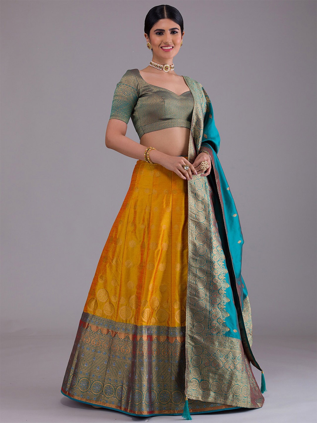 

Koskii Mustard & Blue Semi-Stitched Lehenga & Unstitched Blouse With Dupatta