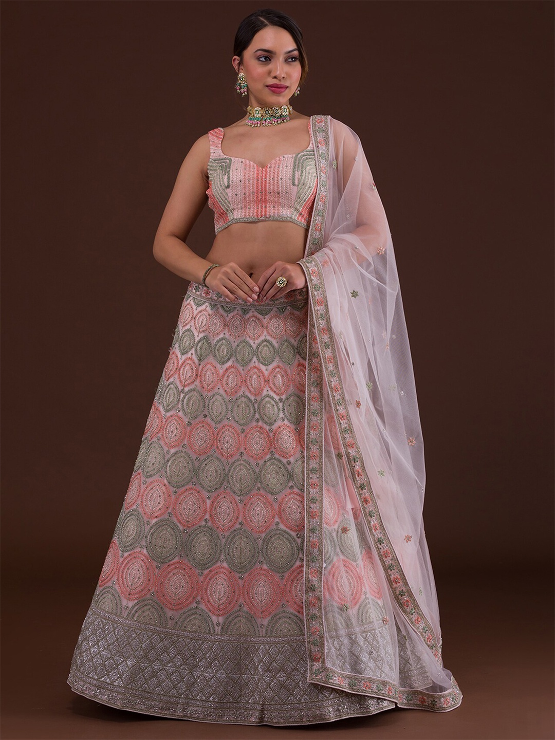 

Koskii Pink & Grey Embroidered Semi-Stitched Lehenga & Unstitched Blouse With Dupatta