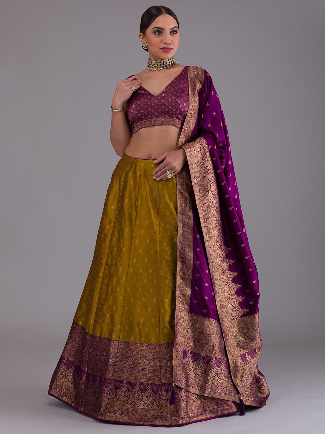 

Koskii Mustard & Gold-Toned Semi-Stitched Lehenga & Unstitched Blouse With Dupatta