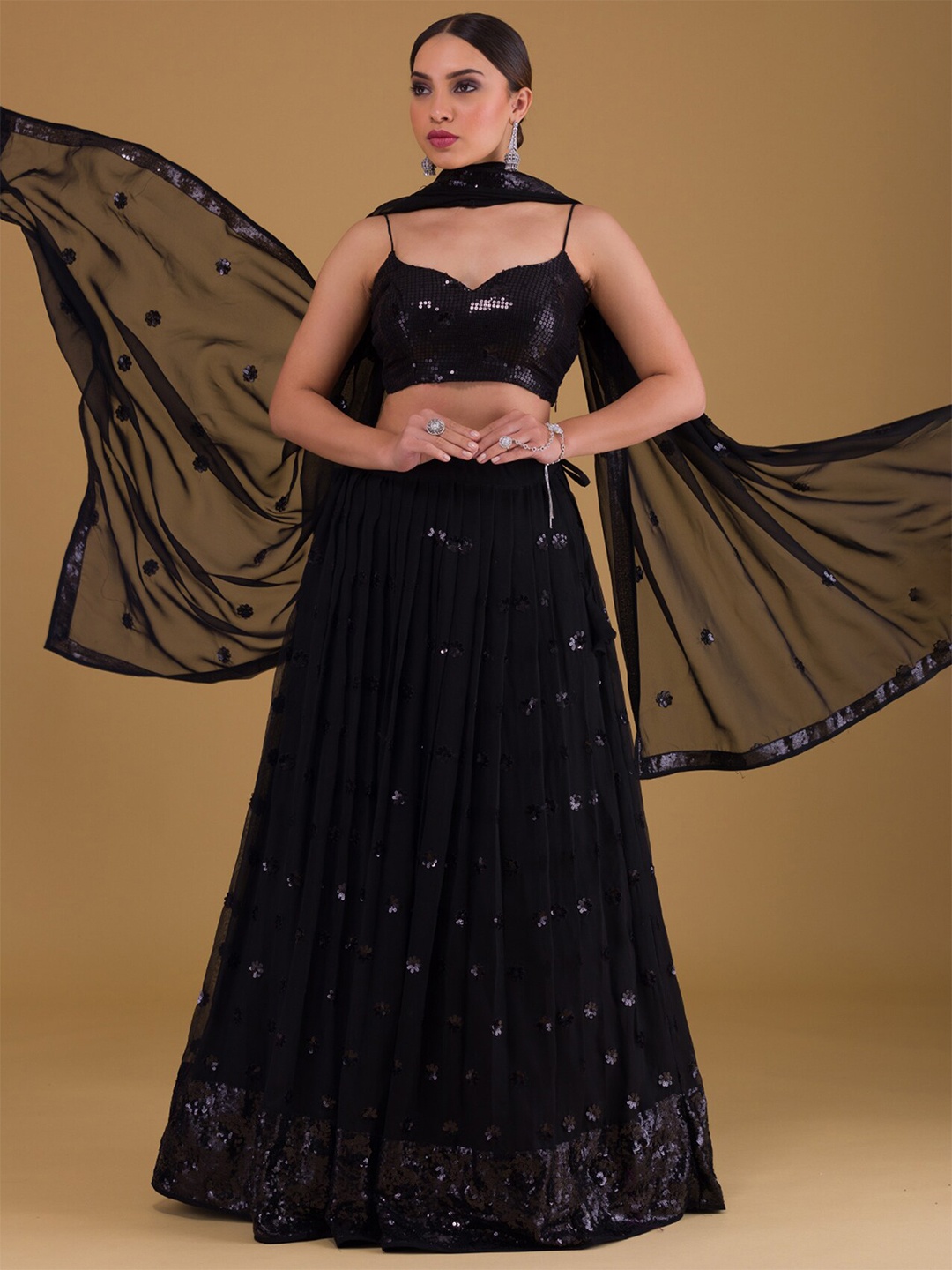 

Koskii Black Embellished Sequinned Semi-Stitched Lehenga & Unstitched Blouse With Dupatta